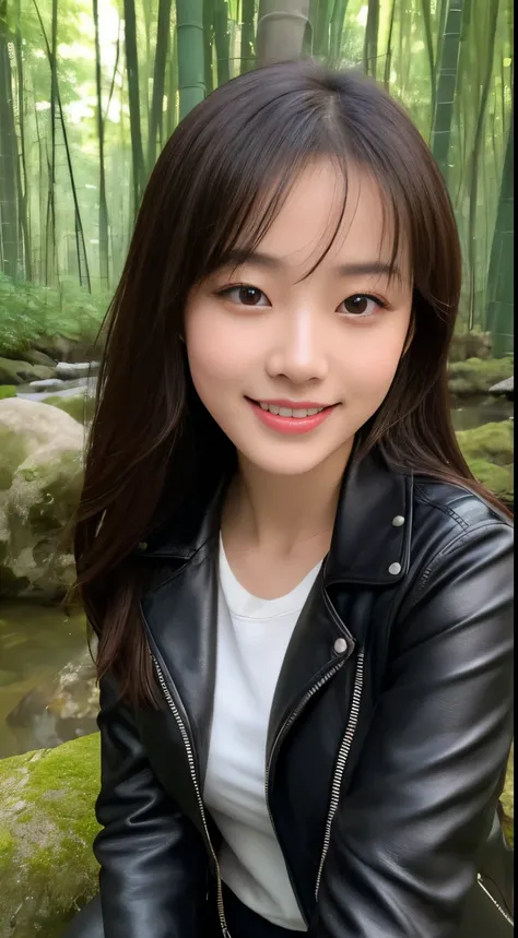 On a quiet spring afternoon，Figure 1 is from the highest quality 8K masterpiece.Picture 3 shows a 19-year-old girl。She wore a tight black leather jacket，Sitting elegantly on a large moss-covered stone in the bamboo forest by the river。The sun shines on her...