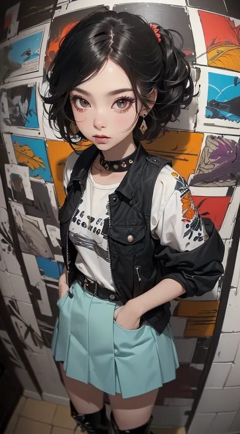 (((8k wallpaper of extremely detailed CG unit:1.2, ​masterpiece, hight resolution:1.2, top-quality:1.2, masutepiece))), ((a very beautiful woman, Hands in pockets:1.8, Grunge Fashion:1.2, wear a blouson:1.2, wearing skirt, wearing tights and boots)), ((ext...