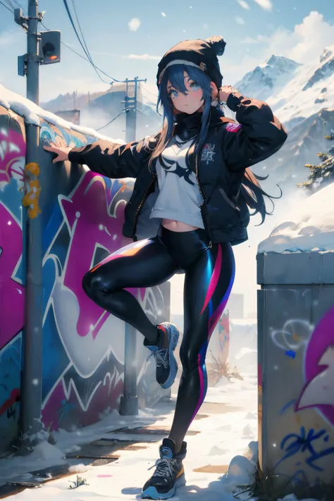 (​masterpiece:1.2、top-quality)、(graffiti wall:1.2)、1lady、Beanie、jaket、leggins、blue eyess、full body Esbian、yogapose、Down jacket、snowy background、snow mountains、