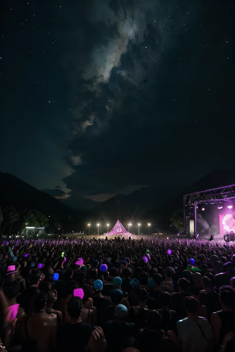 a top distant view of a rave party in an alien planet