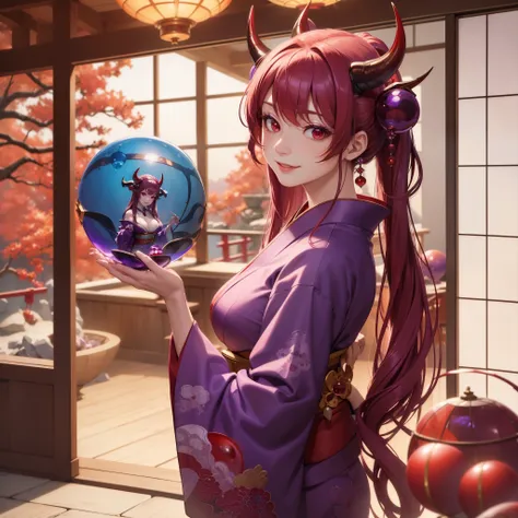 (masterpiece, best quality:1.2), (1milf, solo), 30years old, upper body, purple kimono, (red demon horns, red eyes), light purple long hair, smile, (1fish in the crystal ball, crystal ball on the hand), from side, Japanese old style room