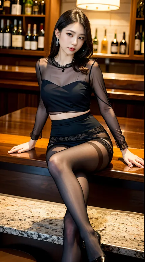 ulzzang -6500-v1.1, (Raw photo:1.2), (Photorealsitic), (See-through:1.3), (Real:1.4), upper class bewitching woman、１femele、luxury silk blouse:1.2, (Ultra-realistic pantyhose:1.2), No skirt、small luxury lace panties、Pantyhose Focus、Sit at the bar counter、Cr...