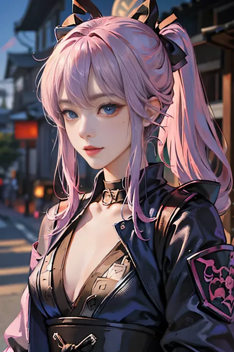 1人の女性、 Look at the viewer,
Her upper body, Her beautiful blue eyes, Pink hair with twin tails, Moles under her eyes, Plump and glossy lips, Heart-shaped choker,Female ninja 、stealth、Ninja Black Costume、Black mask、Looking at the viewer, smiling at the viewe...