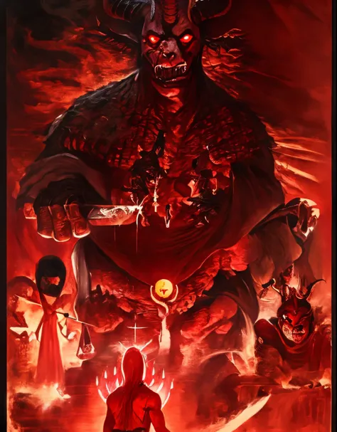 a closeup of a poster with a demon on it, A batalha final no inferno, satan in hell, cruzado sagrado, Hellboy, O Rei do Inferno, jesus christ is the doom slayer, fogo e enxofre, O Deus da Forja, Rei do inferno, Sangue para o Deus do Sangue, the devil in he...