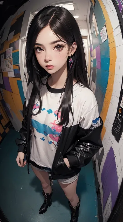 (((8k wallpaper of extremely detailed CG unit:1.2, ​masterpiece, hight resolution:1.2, top-quality:1.2, masutepiece))), ((a very beautiful woman, Hands in pockets:1.8, Grunge Fashion:1.2, wear a blouson:1.2, wearing boots)), ((extra detailed face, Highly d...