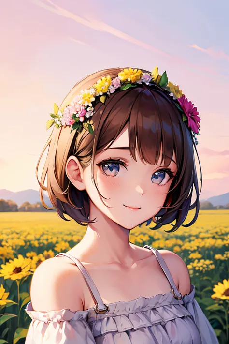 Girl with short brown hair with flower crown on head portrait smiling pastel colours field