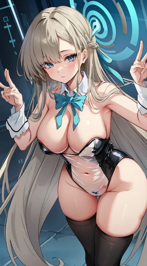 (A high resolution), (Ridiculous resources), (Best quality), (high high quality), (tmasterpiece), 1 plump girl, Asuna, eBlue eyes, Long gray hair, The halo, hair covering one eye, Very long hair, Light brown hair, (Large breasts, The cracks are relatively ...