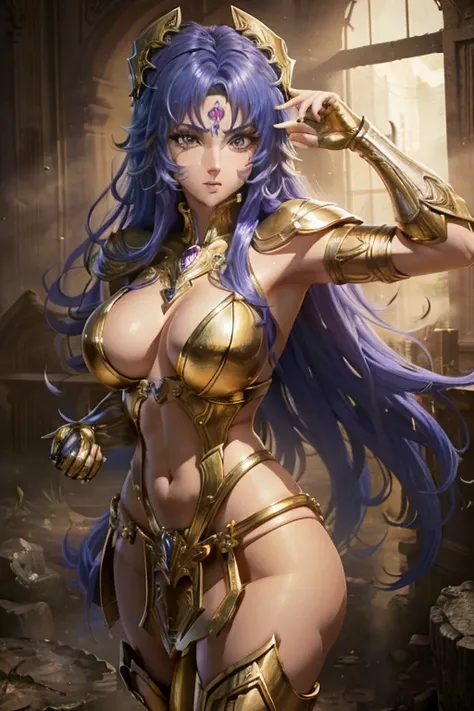 (8k, melhor qualidade, obra prima:1.2) pose sensual, uma garota muito sexy em Saint Seiya, armadura tipo bikini, olhos detalhado, nariz detalhado, boca detalhado, linda garota seios grandes, cintura fina, coxas charmosas corpo inteiro e cauda grande Olhos ...