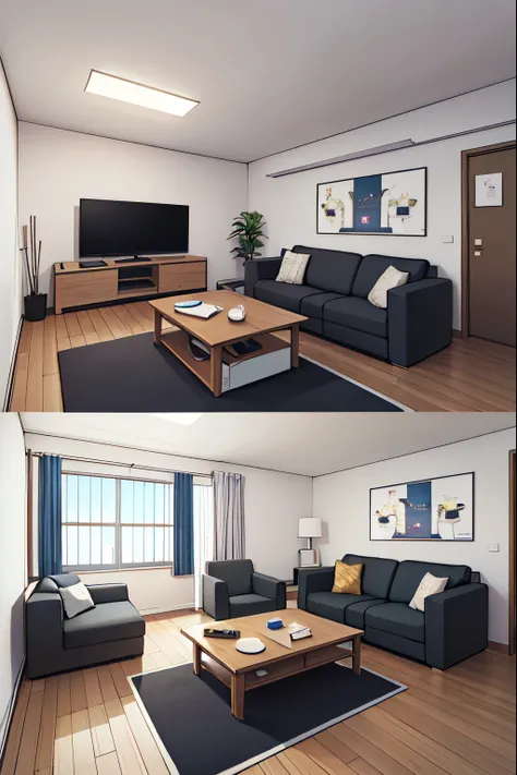 Interior de um apartamento em Londres, apartamento em Londres,. television, sofa , abajur, poltrona, carpete, quadros, scenario without humans, sem humanos, anime scenery, Setting for anime ,