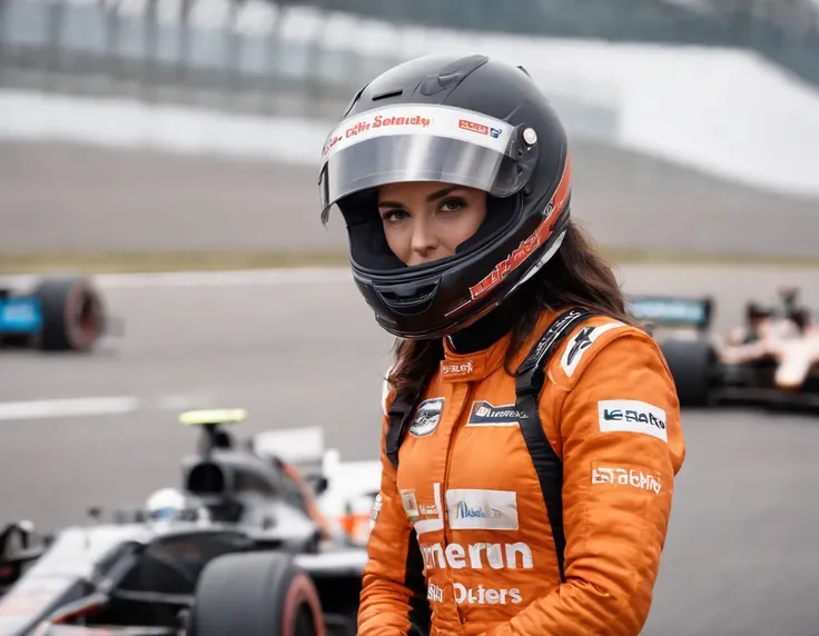 1womanl，A racing driver in an orange and black racing suit covered with many sponsor badges stands in front of a racing car, Race Track, Racing cars also have orange features, racing driver wears a helmet on his head.、Because the helmet visor is closed、I c...