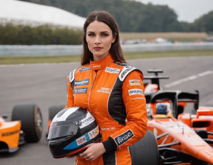 1womanl，A racing driver in an orange and black racing suit covered with many sponsor badges stands in front of a racing car, Race Track, Racing cars also have orange features, racing driver wears a helmet on his head.、Because the helmet visor is closed、I c...