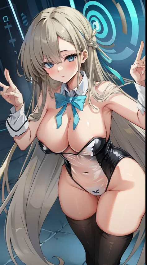 (A high resolution), (Ridiculous resources), (Best quality), (high high quality), (tmasterpiece), 1 plump girl, Asuna, eBlue eyes, Long gray hair, The halo, hair covering one eye, Very long hair, Light brown hair, (Large breasts, The cracks are relatively ...