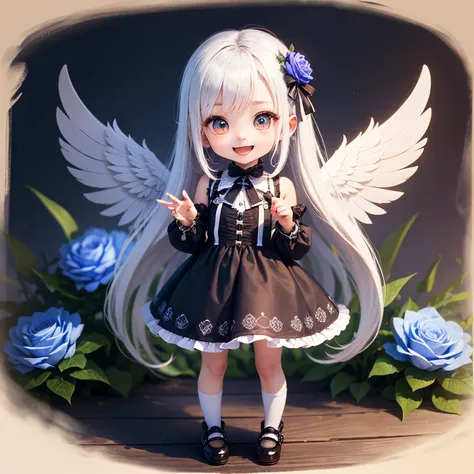 ​masterpiece、top-quality、ultra-detailliert、（Chibi Chara Angel：1.2）、Heart motif、Inome、white  hair、Open your mouth and smile、Standing、Blue roses、The background is a simple heart motif🩷💜