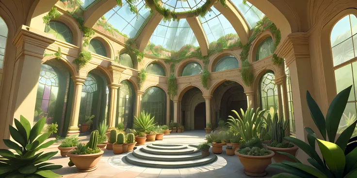 A gigantic greenhouse with pots of cactus and succulents, round beds with dragon-tree, agaves, cereus, Indian fig, date palm, flowers, vines, orchids, bromeliads, large ornate glass windows, ornaments, golden, many plants, tropical plants, marble walls, dy...