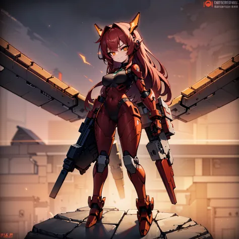 1girl, red hair, medium hair, olhos amarelos, sorridente, robot girl, Mecha Menina, armadura de metal vermelho, Asas de ferro, segurando um rifle cyberpunk, floating robot, Sunset, Orange skye, 4k, master part, disco Rigido