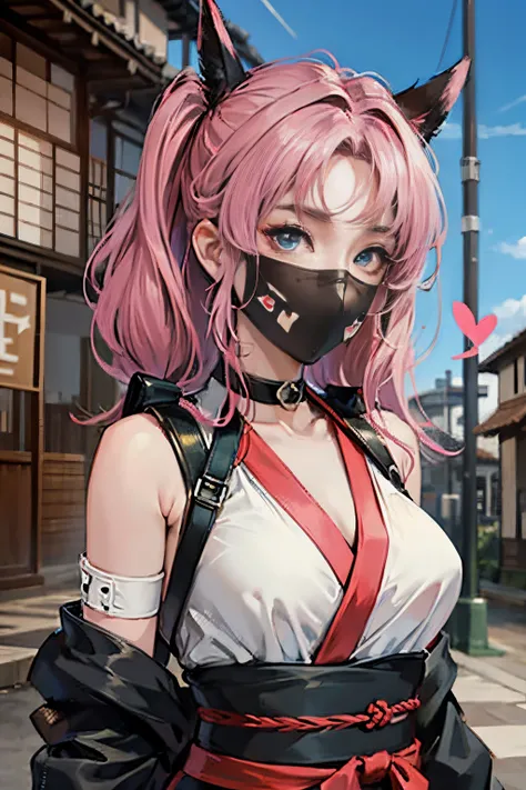 1人の女性、 Look at the viewer,
Her upper body, Her beautiful blue eyes, Pink hair with twin tails, Moles under her eyes, Plump and glossy lips, Heart-shaped choker,Female ninja 、stealth、Ninja Black Costume、Black mask、Looking at the viewer, smiling at the viewe...