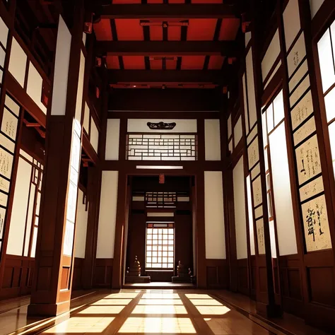 Inside an ancient asian architecture, grand hall with scriptures on the walls, in the middle of the hall ia a great statue of an angel.