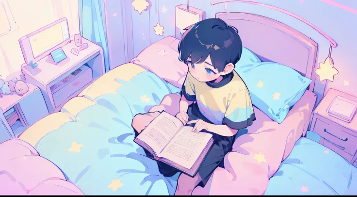 (((2 boys of the same age))),((2 boys sitting on bed)),they are sitting beside each other,black hair,reading a book, bedroom, cute room,((pastel colors)),kawaiitech,cute colors,kawaii,stars are hanging above bed,bedtime stories,pillows,soft toys,bedcover,m...