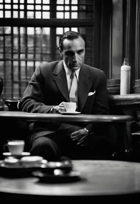 A photo of Fredo sitting in a cozy coffee shop, staring wistfully out the window as he sips his latte.,The Godfather series,Fredo Corleone, a character from “The Godfather” series, portrayed by John Cazale, has a less imposing presence compared to other me...