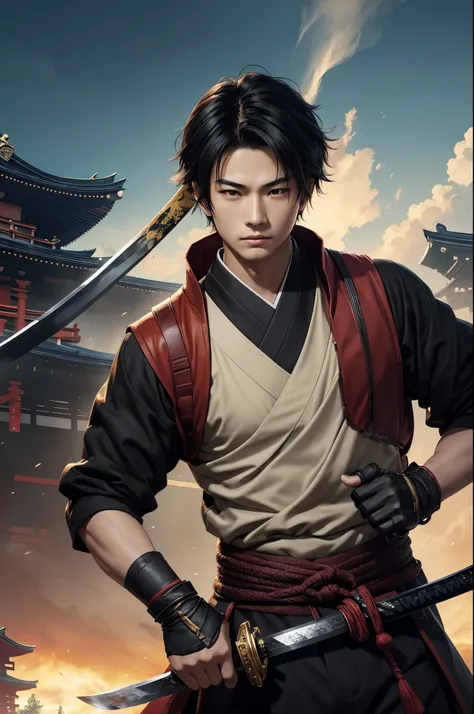 8K、独奏、appearance of the whole body、１６Year old boy,Handsome boy,handsome boy with dark eyes,Black hair short bob hair,Black and red exterior,Golden decoration(Armed with a long Japanese sword)、facing the front there、ruins,magnificent artwork、((Kyoto panel p...