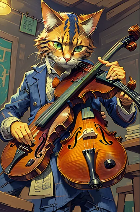 Van Gogh, violino, gato listrado, tabuleiro de xadrez