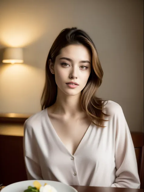 Fashion model 25 years old, Eat dinner in your room, [[[close-up]]], [[[Chest]]], [[[Neck]]], [[[shoulders]]], Perfect eyes, Perfect iris, Perfect lips, perfect teeth, Perfect Skin, Soft front light, nffsw, (soft colours: 1.2)