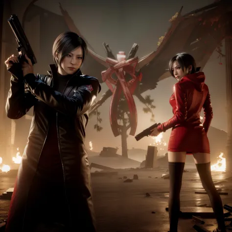 Ada wong ,Woman, wearing red hoody dress, bob hair, red polish, glazed expression, glare, Look the other way