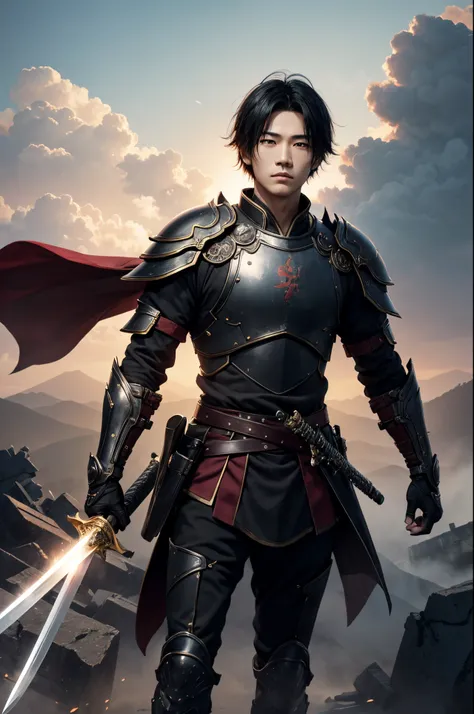 8K、独奏、appearance of the whole body、１６Year old boy,Handsome boy,handsome boy with dark eyes,Black hair short bob hair,black and red armor,Golden decoration(Armed with a long Japanese sword)、facing the front there、ruins,magnificent artwork,Wind effect:1.9、cl...