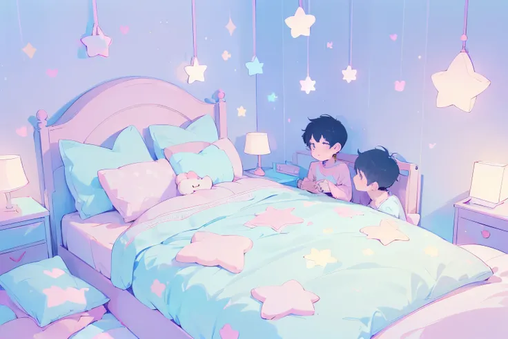 ((2 boys sitting on bed)), 2 people in picture,black hair,reading a book, bedroom, cute room,((pastel colors)),kawaiitech,cute colors,kawaii,stars are hanging above bed,bedtime stories,pillows,soft toys,bedcover,masterpiece,((ultra detailed)),flat coloring...