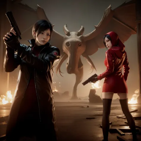 Ada wong ,Woman, wearing red hoody dress, bob hair, red polish, glazed expression, glare, Look the other way