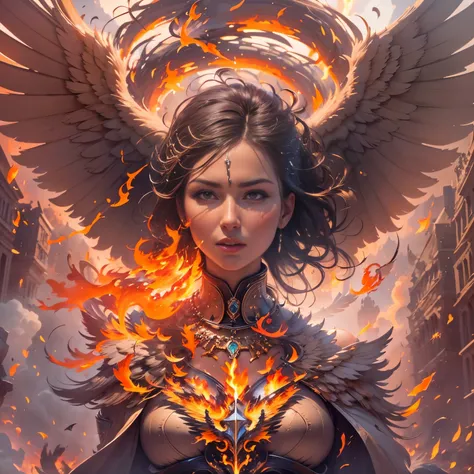 detailed face, super low angle, huge woman, tail bird, ((halo)), (flying), (12 wings), ruins, impact, high speed, flame, necklace on fire,