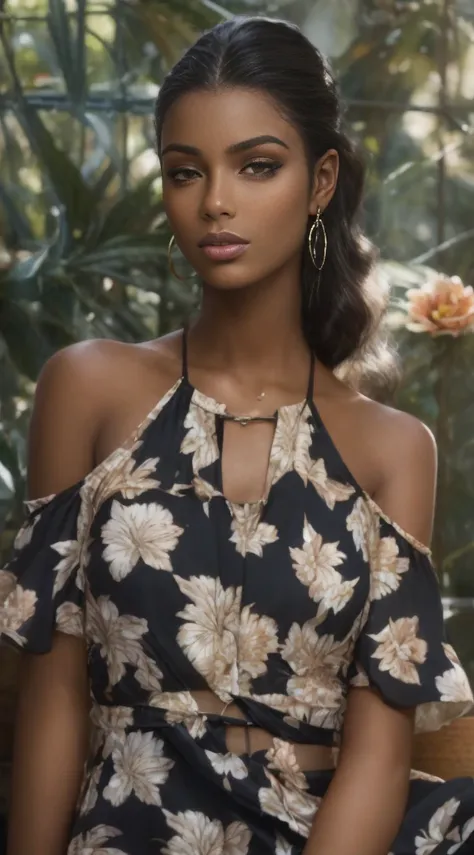 mujer araffe con un vestido floral sentada en un banco, elegantes estampados tropicales, maria borges, moreno, detalles florales...