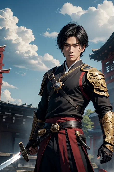 8K、独奏、１６Year old boy,Handsome boy,handsome boy with dark eyes,Black hair short bob hair,Black and red exterior,Golden decoration(Armed with a long Japanese sword)、facing the front there、ruins,magnificent artwork、Wind effect:1.9、cloud effect:1.2、Full Render...