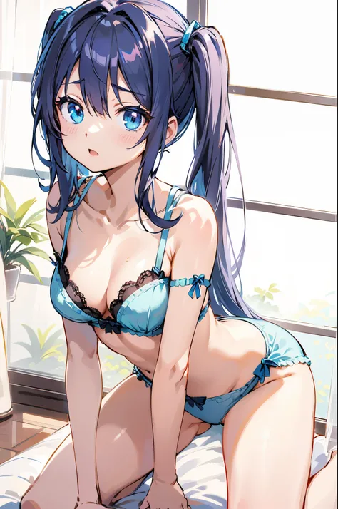 Anime girl in blue lingerie sitting on a bed with a window, Seductive Anime Girl, small curvy loli, beautiful alluring anime woman, beautiful alluring anime teen, charming anime girls, pretty anime girl, Ecchi anime style, Beautiful anime girl, Cute anime ...