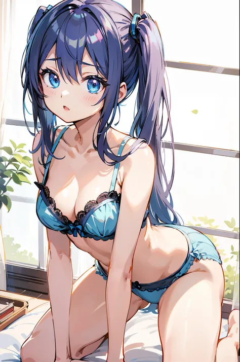 Anime girl in blue lingerie sitting on a bed with a window, Seductive Anime Girl, small curvy loli, beautiful alluring anime woman, beautiful alluring anime teen, charming anime girls, pretty anime girl, Ecchi anime style, Beautiful anime girl, Cute anime ...