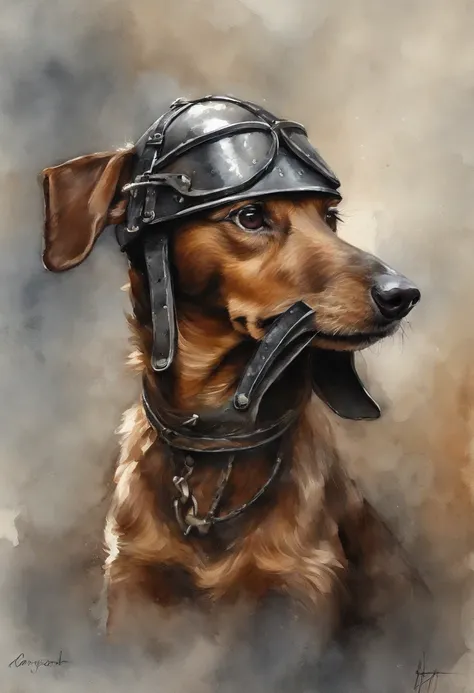 Polly (dachshund terrier mix with black and brown hair) of the highest quality, Dramatische Beleuchtung, bedrohliche Pose, grimmiger Blick, Epic atmosphere, (((Helm in Form eines dackel terrier kopfes))), (((full-body shot))),Metal dachshund terrier mix wi...