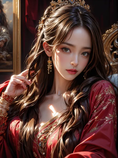 (best quality, highres, photorealistic:1.2), dramatic lighting, oil painting, detailed skin texture, long flowing hair, elegant ...