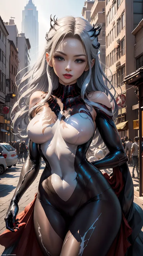 （tmasterpiece，4K分辨率，Ultra photo realsisim，The is very detailed），（White superhero theme，Glamorous，theres a girl on top of town，wearing Spider-Man costume，she is a superhero），[（（25 age old），（Long gray hair：1.2），full bodyesbian，（eBlue eyes：1.2），（（Spider-Man p...