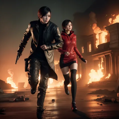 ada wong ,woman, wearing red hoody dress, bob hair, red polish, glazed expression, glare, look the other way, run