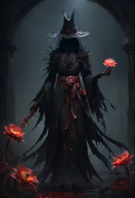 Lycorisradiata，Charming flower of the other side，Mysterious Manzhu Shahua，A bloody ghost flower blooming at the gate of hell，Leading the soul to the afterlife，Evil charm，Flirtatious，uncanny，dark fantasy style art, dark flower shaman, dark fantasy concept a...