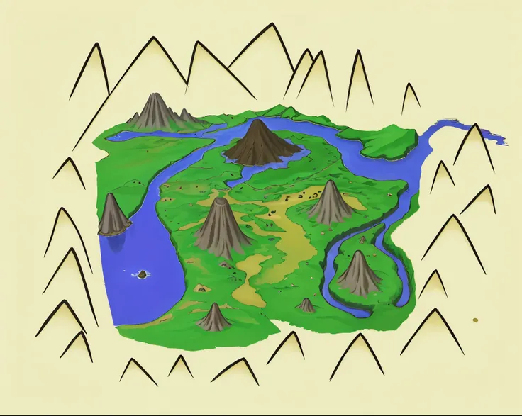 a map of a massive crater with rivers and jungle, old dormant volcano with a djungle and mountains, old worn yellowish paper, final fantasy map, game map