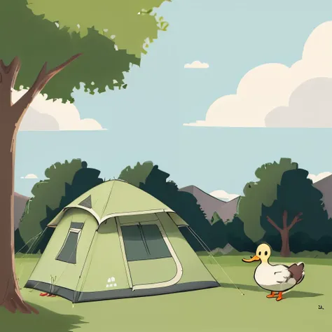 Hand drawn simple drawing style of duck camping in a park with nice weather