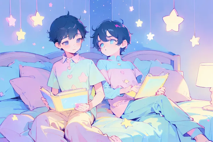 ((2 boys sitting on bed)), black hair,reading a book, bedroom, cute room, pastel colors,kawaiitech,cute colors,kawaii,stars are hanging above bed,bedtime stories,masterpiece,ultra detailed,flat coloring,cute flat colors