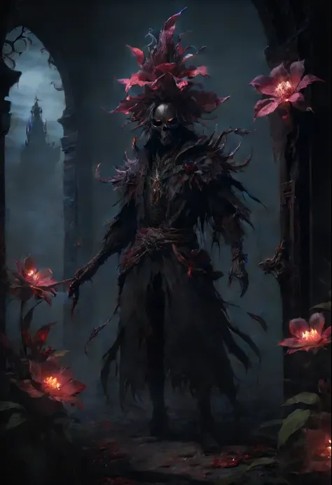 Lycorisradiata，Charming flower of the other side，Mysterious Manzhu Shahua，A bloody ghost flower blooming at the gate of hell，Leading the soul to the afterlife，Evil charm，Flirtatious，uncanny，dark fantasy style art, dark flower shaman, dark fantasy concept a...