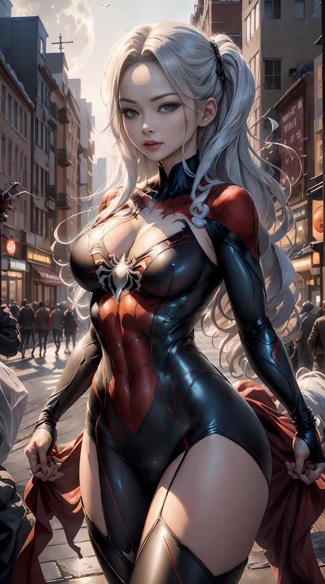 （tmasterpiece，4K分辨率，ultra real photo，The content is very detailed），（white super hero theme，Attractive cleavage，There was a girl in town，wearing Spider-Man costume，Shes a superhero），[（（25 age old），（Long gray hair：1.2），Full body lesbian，（eBlue eyes：1.2），（（Sp...