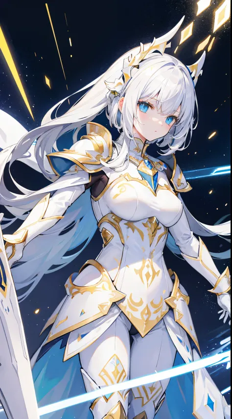 Detailed white glowing armor, Detailed white helmet, Detailed large white sword, Mysterious golden gems in armor, Whitehall in space background, White aura, White Neon Light, (((8k))),