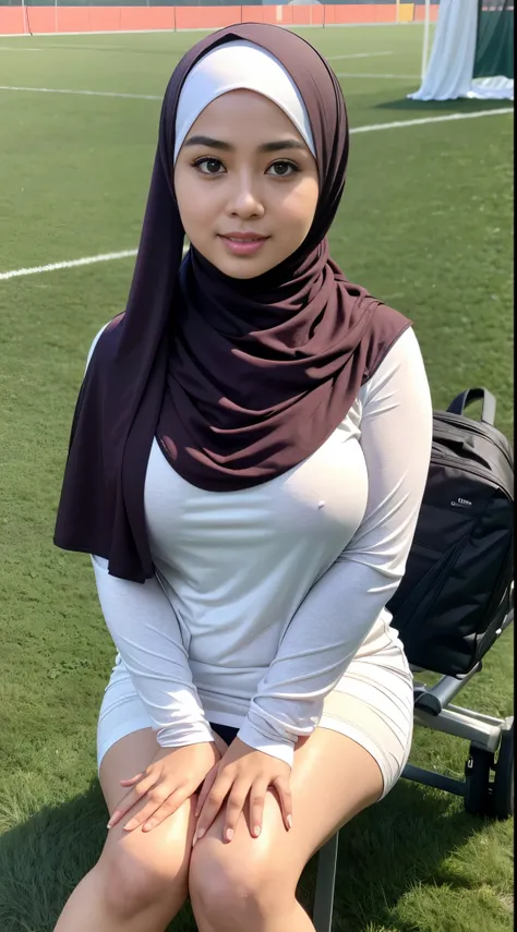 RAW, Best quality, high resolution, masterpiece: 1.3), beautiful Malay woman in hijab (iu:0.8),big breast, sitting, big eyes, soft smile, in soccer field