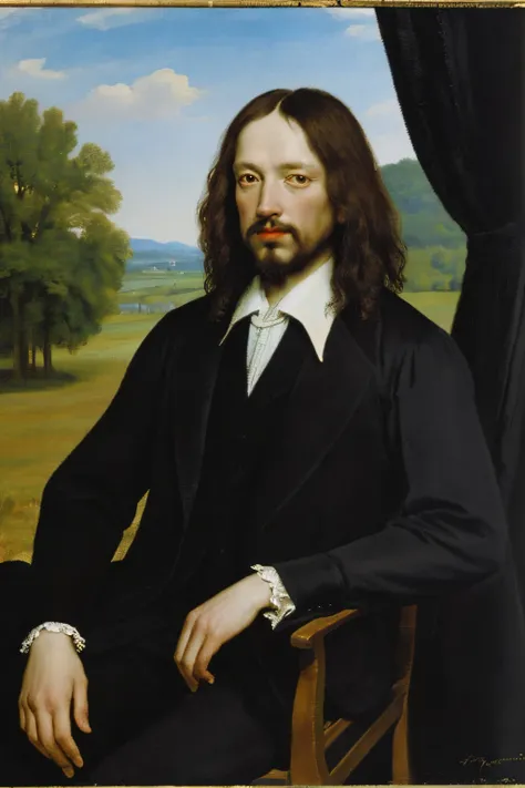 Painting of a man in a Black suit sitting in a landscape, by William Dobson, inspired by Cornelis Claesz van Wieringen, inspired by Johannes Cornelisz Verspronck, inspired by Jan van de Cappelle, by Johannes Cornelisz Verspronck, inspired by Pieter Corneli...