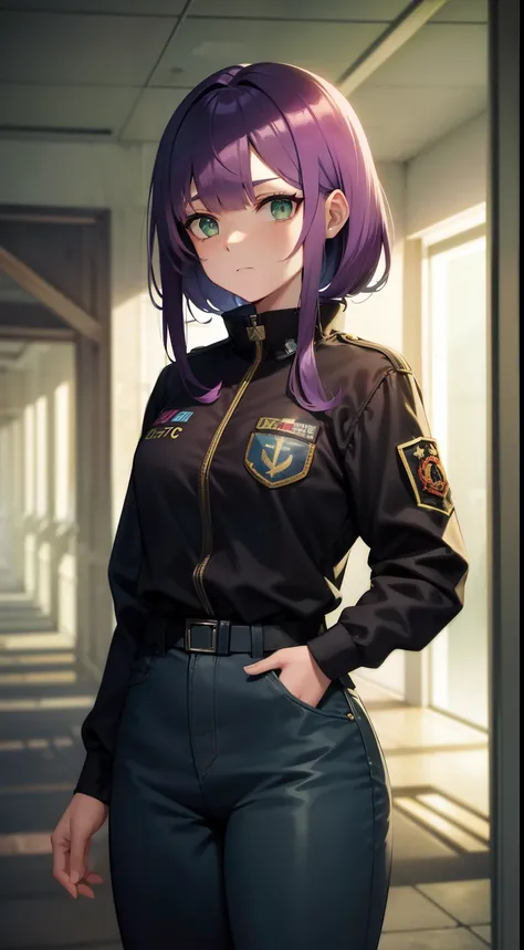 Convenizon Girl, Chernobyl Exclusion Zone, S.T.A.l.K.E.r, Purple hair, Green eyes, Scar above her left eyebrow, bare hand, Five fingers on her left hand, Five fingers on her right hand, sad.