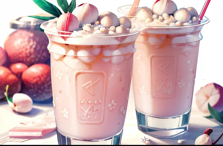 1cup, white, ((lychee)), milk, fresh lychee milkshake, ice cube, summer theme